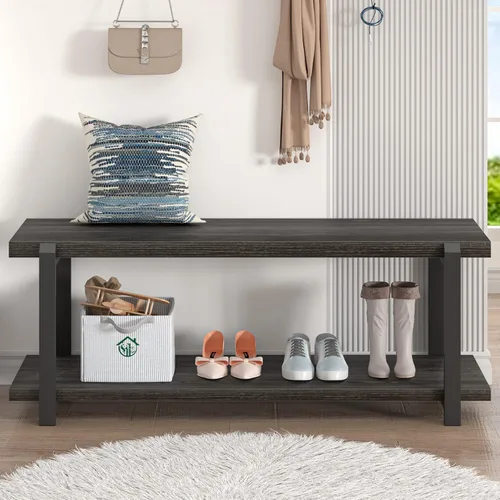 Miniatura 5 de FOLUBAN Banco de almacenamiento de zapatos de 47 pulgadas, banco de entrada de madera rústica y metal para pasillo, puerta delantera, zapatero