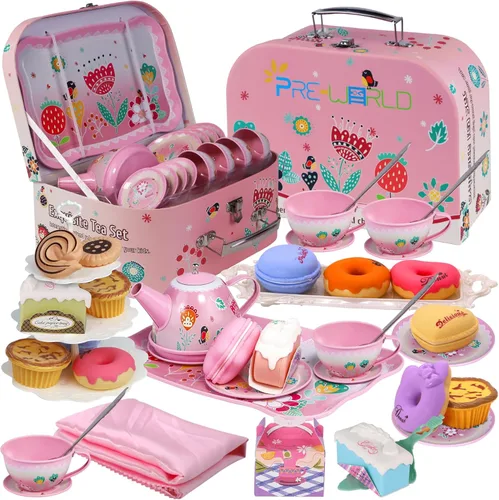 Juego de fiesta de té para niñas pequeñas, juguete de la hora del té de la princesa de PRE-WORLD que incluye postre, galletas, dona, bandeja de