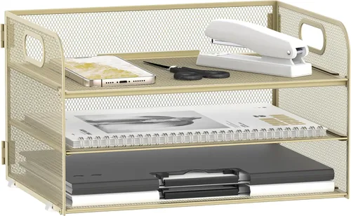Miniatura 13 de Daltack Organizador de papel de 3 niveles con asa, organizador de escritorio de malla, bandeja de cartas, organizador de archivos para carpetas A4