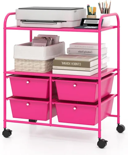 Miniatura 11 de RELAX4LIFE Carrito de almacenamiento rodante con 4 cajones y 2 estantes, organizador de archivos de papel con marco de metal para oficina en casa
