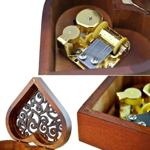 Miniatura 3 de FnLy Caja musical de madera grabada antigua, sobre el arco iris, con movimiento chapado en oro, en forma de corazón