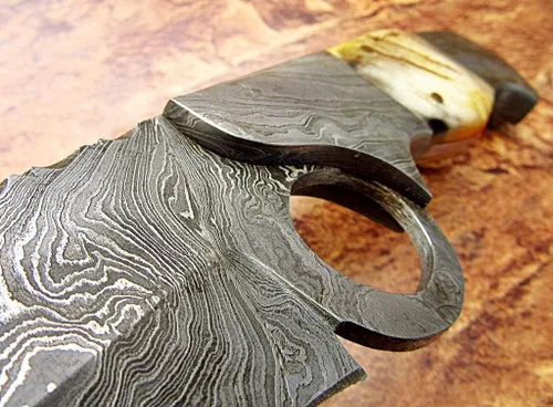 Miniatura 3 de Poshland RG-213 Cuchillo Bowie de acero de Damasco hecho a mano de 15 pulgadas - Hermoso mango de cuerno de cordero con refuerzos de acero de Damasco