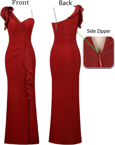 Miniatura 5 de VFSHOW Vestido largo de fiesta formal con volantes y tirantes para el hombro, para mujer, vestido largo sexy con cuello en V dividido para cóctel