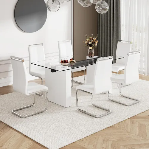 Miniatura 20 de Juego de mesa de comedor de vidrio de 71 pulgadas para 6, mesa de comedor para 6, mesa de vidrio templado con marco de MDF blanco y 6 sillas