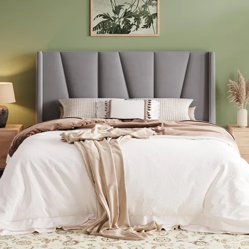 Miniatura 13 de Allewie Marco de Cama de Plataforma de Terciopelo Tamaño Queen con Cabecera Wingback Geométrica, Cama Tapizada Boho con Soporte de Listones de Negro