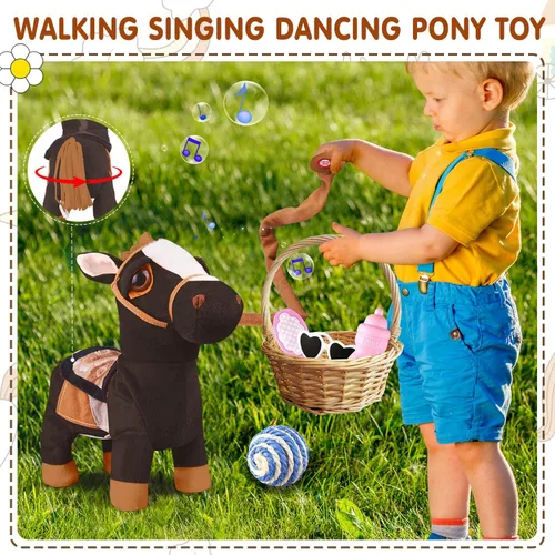 Miniatura 3 de HCdoujoy Poni Negro de Peluche Interactivo que Camina, Juguete de Poni que Canta y Baila, Musical, Realista, Juguete de Caballo de Peluche