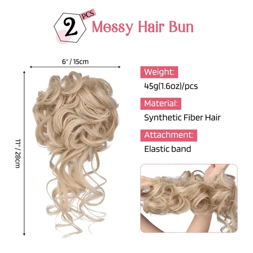 Miniatura 2 de HOOJIH 2 piezas de postizo para moño despeinado, recogido despeinado con mechones sueltos, extensiones de moño, postizo de cabello ondulado rizado