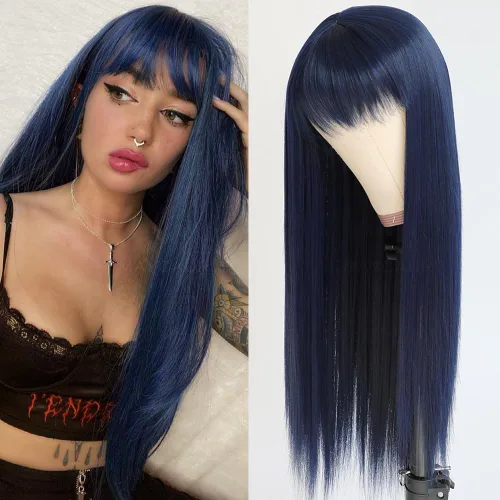 Miniatura 13 de Maycaur Pelucas de cabello sintético de color rubio con flequillo completo #613, color largo y liso, resistente al calor, pelucas sin encaje