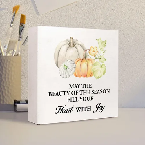 Miniatura 4 de Q692 - Decoración de mesa de otoño, con texto en inglés "May the Beauty of the Season", decoración rústica de madera de otoño para decoración