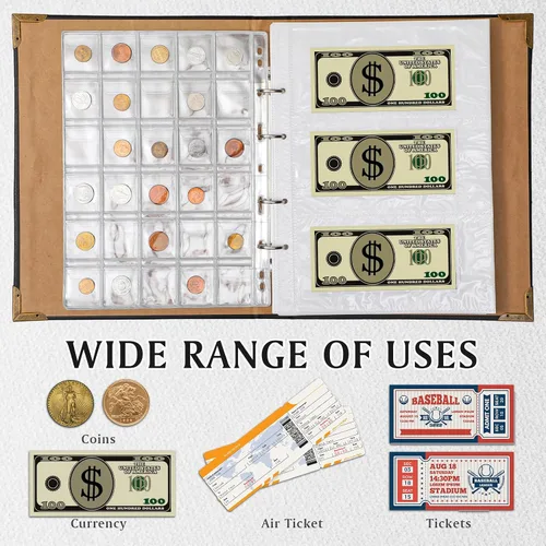 Miniatura 7 de Zonon Álbum de monedas para coleccionar monedas, soporte para libros con 150 bolsillos para monedas y 240 bolsillos de papel para monedas, de piel