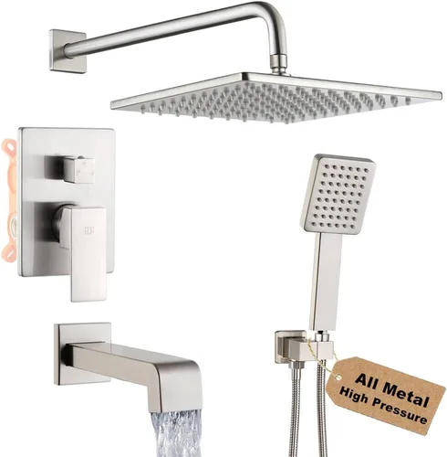 Miniatura 14 de Juego de llave de ducha en negro mate con caño de bañera, sistema de cabezal de ducha de lluvia de 8 pulgadas para baño con llave de mano de una