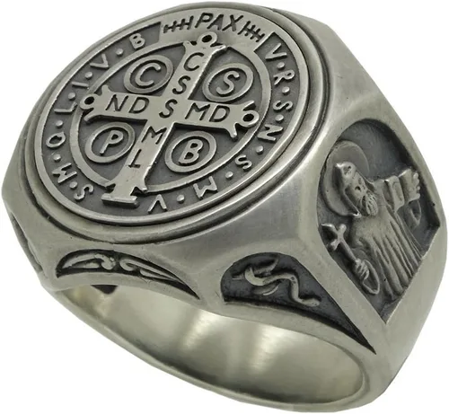 Miniatura 7 de Anillo de plata de ley 925 de San Benito para hombre, exorcismo católico cristiano, protección demoníaca