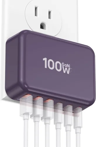 Miniatura 10 de Bloque de Carga Rápida, Cubo de Estación de Carga GaN de 6 Puertos USB C, Cargador de Pared de 100W de Tipo C de Múltiples Puertos con Enchufe