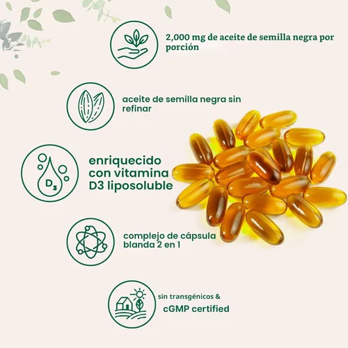 Miniatura 3 de Micro Ingredients Aceite de semilla negra con vitamina D3 1000 UI, 240 cápsulas blandas 2,000 mg de aceite de semilla negra por porción Aceite