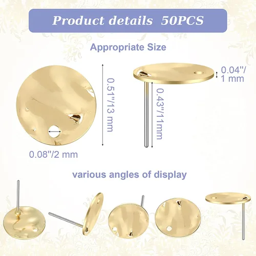 Miniatura 2 de 50 piezas de clavos planos redondos para orejas con agujero de asa, dijes de disco chapados de 13.0 mm para hacer pendientes DIY, suministros
