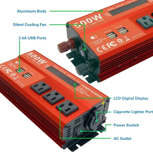 Miniatura 5 de Inversor de Potencia de 500W Pico 1000W para Vehículos, DC 12V a 110V AC, 4 x 2.4A Puertos USB Adaptador de Enchufe para Carro con Toma con 1 Puerto
