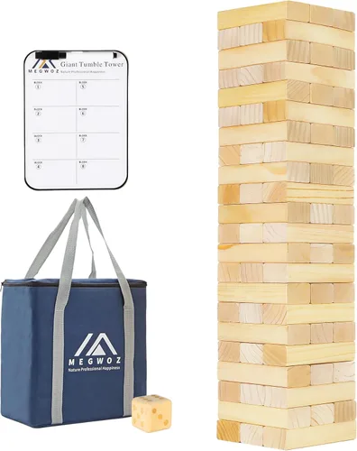 Megwoz Juegos de torre de caída mediana para niños y adultos, 66 bloques de madera de pino de Nueva Zelanda apilados a 3.5 pies, juegos familiares