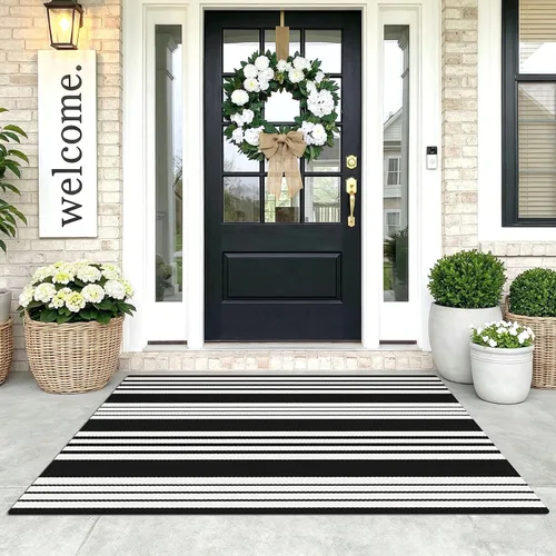 Miniatura 44 de KOZYFLY Alfombra a rayas blancas y negras de 2 x 3 pies, tejido de algodón, lavable, para interiores y exteriores, alfombra pequeña para puerta