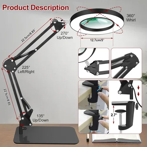 Miniatura 4 de Lupa con luz y soporte, lupa de 12X con luz manos libres, luz de trabajo LED iluminada de 5 modos de color, lámpara de aumento 2-en-1 para leer