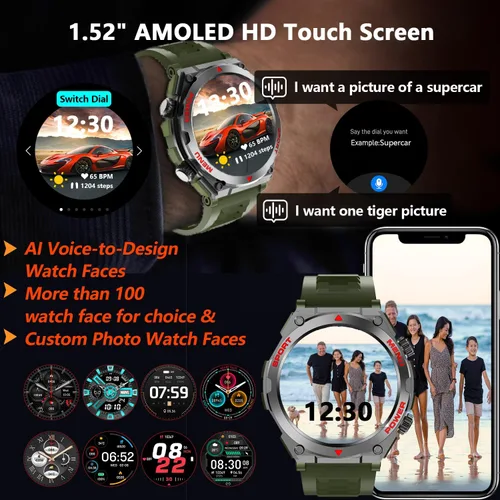 Miniatura 6 de Reloj inteligente militar para hombre con preguntas y respuestas AI (respuesta/hacer llamadas/respuesta SMS), reloj inteligente HD de 1.52 pulgadas