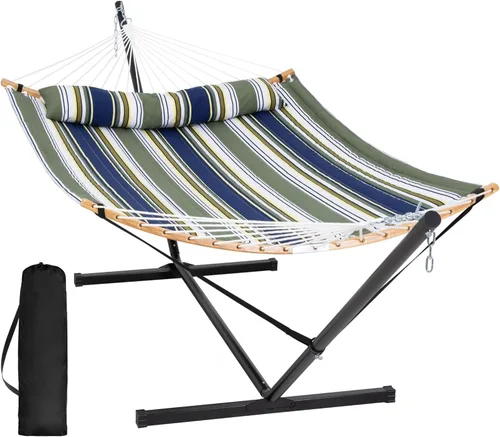 Miniatura 18 de SUNCREAT Hamaca doble con soporte incluido, hamaca portátil con soporte y almohada grande, rayas azules