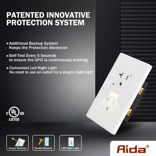 Miniatura 2 de AIDA Toma de corriente GFCI de 20 amperios, toma eléctrica de luz nocturna de autocomprobación, receptáculo resistente a manipulaciones con Blanco