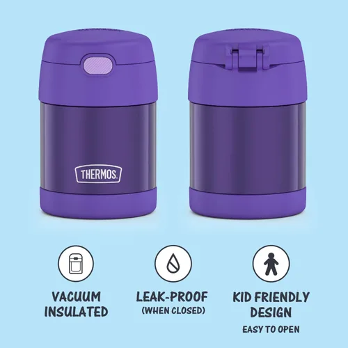 Miniatura 6 de THERMOS FUNTAINER - Tarro de comida para niños aislado al vacío de acero inoxidable de 10 onzas con cucharas plegables, azul marino y morado