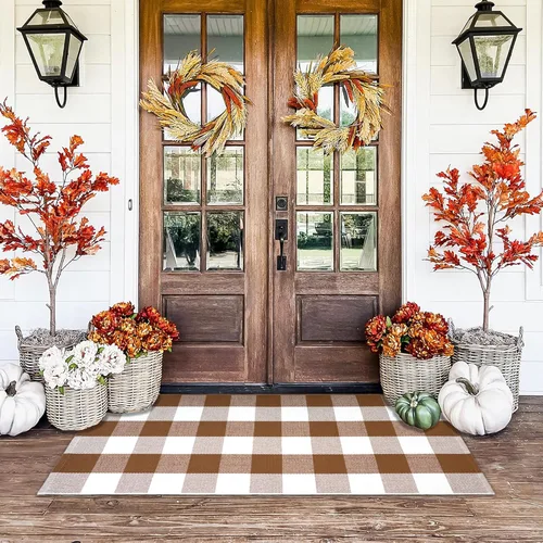 Miniatura 11 de Alfombra a Cuadros Naranja y Negra, 3 x 5 Pies, Alfombra Decorativa de Otoño para Puerta Delantera al Aire Libre, Alfombra de Algodón Lavable Tejida