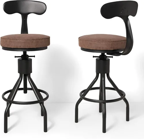 Miniatura 9 de Juego de 2 taburetes de bar industriales con respaldo de 23 a 33 pulgadas, asiento giratorio de madera, isla de cocina, comedor, taburete