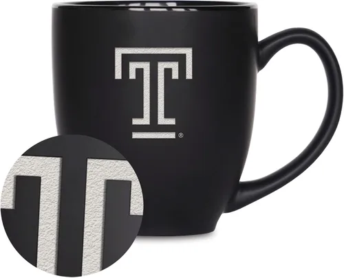Miniatura 281 de Rico Industries - Taza de cerámica mate negra con grabado láser estándar de 15oz para NCAA (escuelas T & U) - Para bebidas calientes o frías
