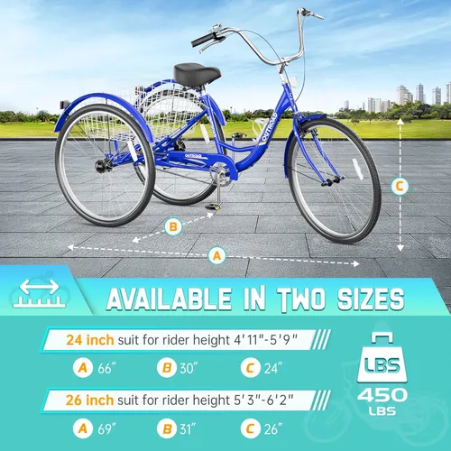 Miniatura 2 de Outroad - Triciclo Comfort de 24/26 pulgadas, triciclo de crucero de 1 velocidad, bicicletas de 3 ruedas con cesta grande para personas mayores