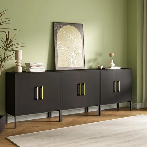 Miniatura 20 de JOZZBY Aparador de buffet con almacenamiento, gabinete de madera moderno con estantes ajustables, gabinetes negros y dorados para sala de estar