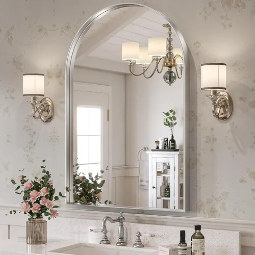 Miniatura 16 de Brightify - Espejo arqueado dorado de 24 x 32 pulgadas, espejo de pared con marco de metal de latón para baño, espejo arqueado superior para tocador