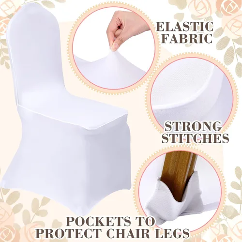 Miniatura 4 de Mepase Juego de 100 fundas blancas para sillas con 50 fundas elásticas de elastano para sillas de 50 sillas, lazos y fajas, funda ajustable blanco
