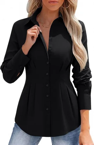 Miniatura 8 de siliteelon Camisas con botones para mujer, cintura ceñida, camisa de vestir de algodón de manga larga para negocios, casual, trabajo, oficina