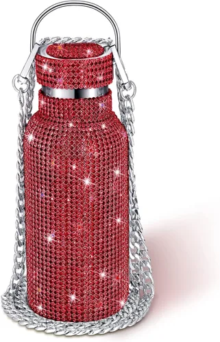 Miniatura 30 de Geiserailie Botella de agua con diamantes de imitación de acero inoxidable, térmica, recargable, aislada, con cadena, para mujeres y niñas