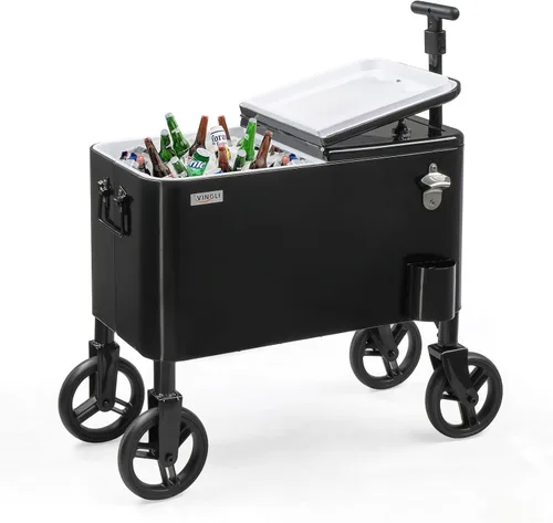 VINGLI Caja Refrigeradora Rodante de 80 Cuartos de Galón, con Mango Largo y Ruedas de 10 Pulgadas, Portabebidas Portátil para Playa, Patio, Fiesta,