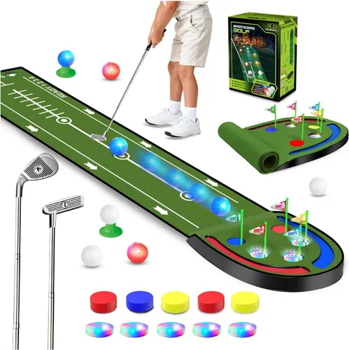 VATOS Alfombra de Golf Mejorada para Interior para Niños - Juego de Golf con Bolas LED, Copas Luminosas, Hierros y Putters, Alfombra de Golf
