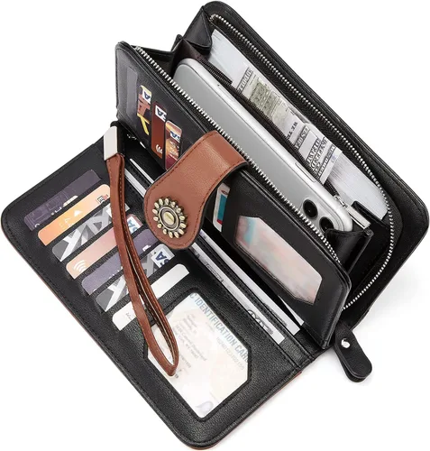 Miniatura 5 de Telena Billeteras de cuero para mujer con diseño de cartera de triple, para tarjetas de crédito, 4-Negro con Marrón, Vintage