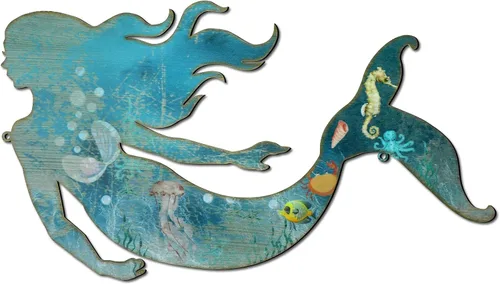 Miniatura 7 de Demissle Arte de pared de sirena de metal, decoración de pared de sirena colgante rústica, azul, elegante, escultura decorativa para habitación