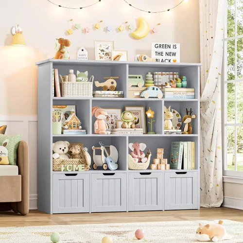 Miniatura 4 de FINETONES Organizador de almacenamiento de juguetes, estantería para niños con 4 cofres móviles y 7 cubos de almacenamiento, organizador