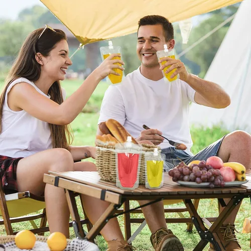 Miniatura 7 de 100 bolsas de bebida de 8 onzas, botella de plástico reutilizable con embudo para beber jugo de bebidas líquidas, bolsas de bebidas de pie para 8OZ