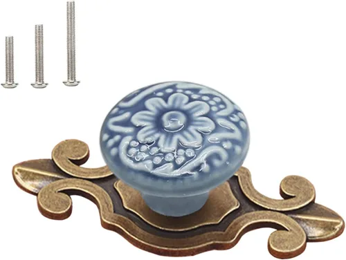 Miniatura 23 de HUAMULAN Paquete de 10 pomos de cerámica retro vintage para aparador, cocina, pétalos, tiradores de armario, cajón, base negra, placa trasera