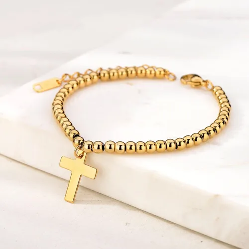 Miniatura 2 de Pulsera de cuentas de oro de 14 quilates chapada en oro con cruz y cadena de cola ajustable de 2.2in.