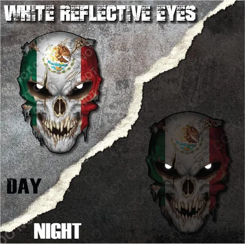 Miniatura 2 de Calcomanía de calavera con bandera de país de México, con ojos reflectantes, orgullo mexicano, calcomanía universal de esqueleto para automóvil
