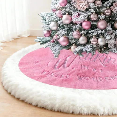 Miniatura 6 de yuboo - Falda de árbol de Navidad rosa de 48 pulgadas, gran alfombra de árbol de Navidad de piel sintética esponjosa con copos de nieve blancos
