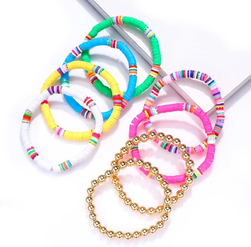 Miniatura 48 de Surfer Heishi - Pulseras apilables para mujer, apilables, de vinilo arcoíris, disco de arcilla, pulseras elásticas para la amistad, joyería bohemia