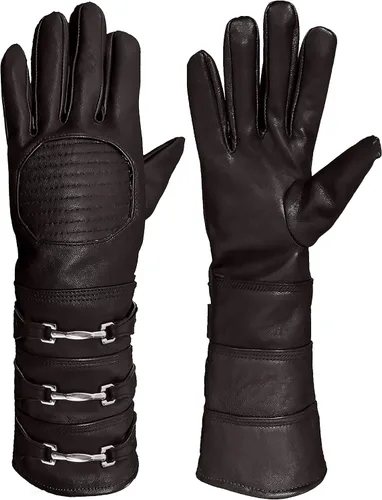 Miniatura 2 de URBAN BUCK Guante de disfraz de cuero de oveja real, guantelete de cielo, ajuste regular, puño largo para hombre, sin forro, guantes de cosplay