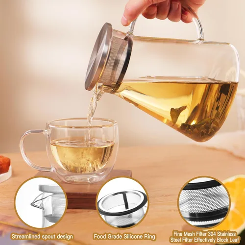 Miniatura 3 de CNGLASS Tetera de vidrio de 30.5 oz/900 ml segura para estufa, tetera de un toque transparente, tetera para té floreciente y de hojas sueltas