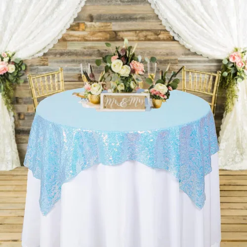 Miniatura 13 de ShinyBeauty Mantel Cuadrado Pequeño de 36 x 36 Pulgadas Mantel de Lentejuelas Azul Bebé Cubierta de Mesa con Purpurina Superposición Cuadrada
